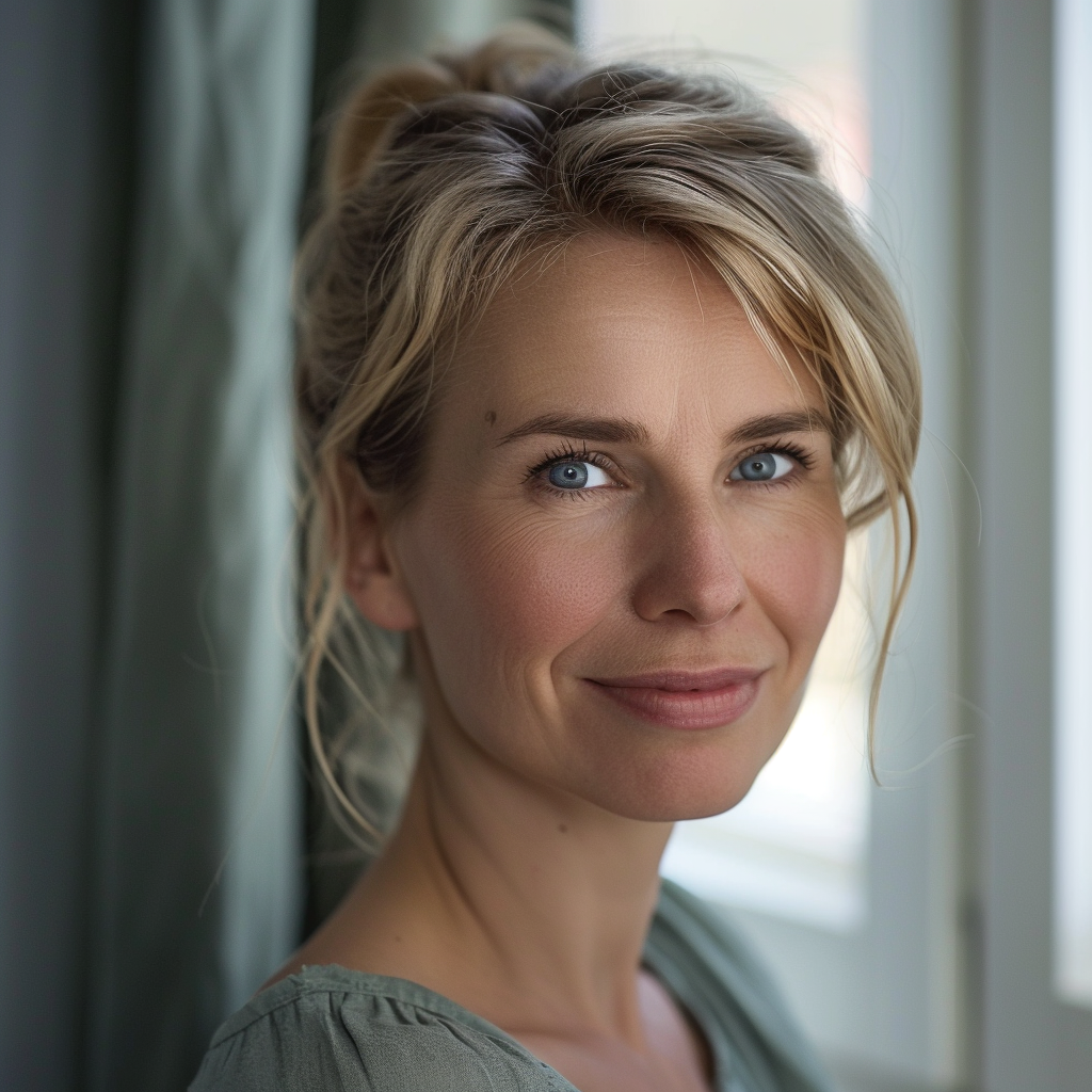 Femme souriante près de la fenêtre.