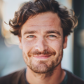 Portrait d'un homme souriant en extérieur.